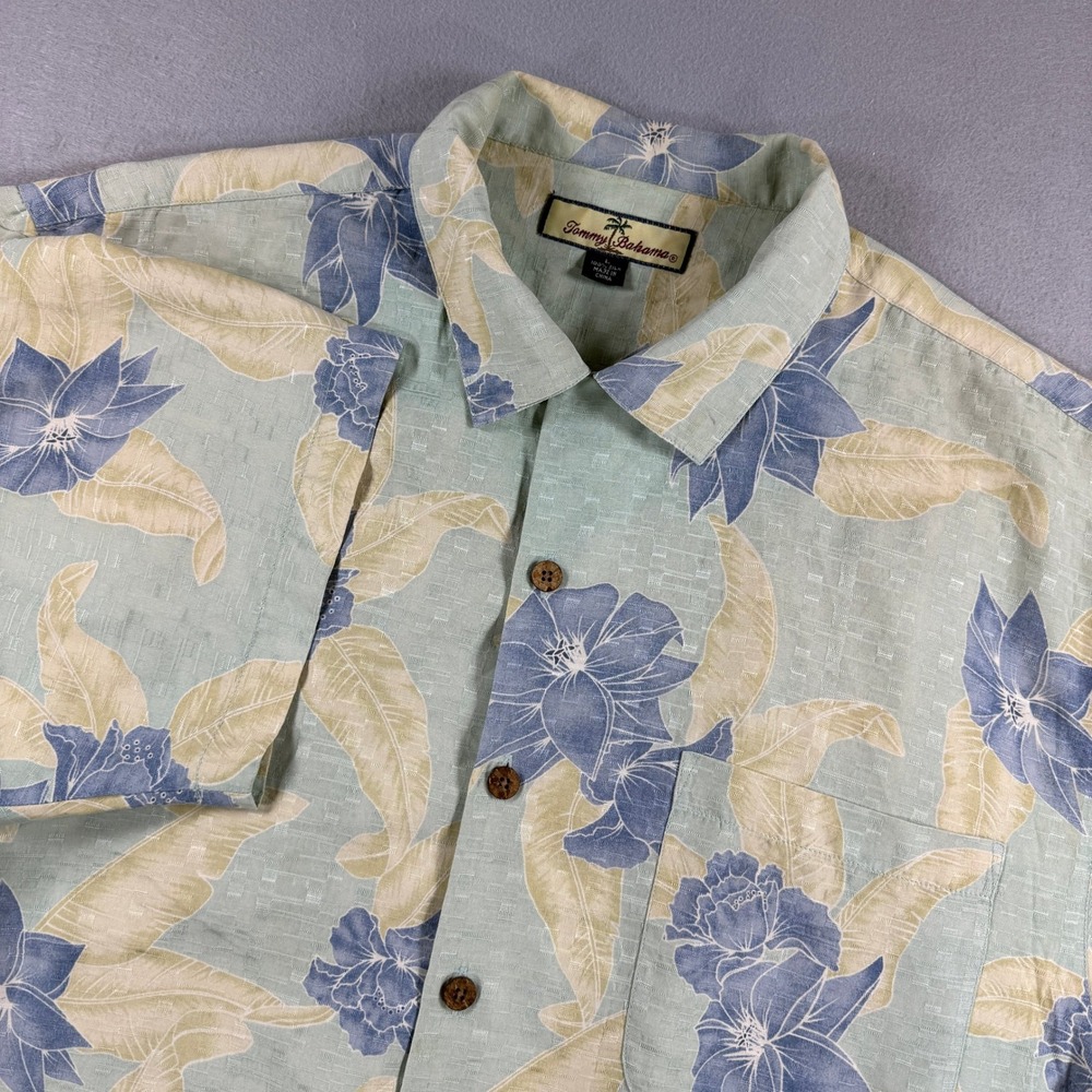 Tommy Bahama Shirt‎ Mens Large Green Floral 100% Silk Button Down Tropical Beach